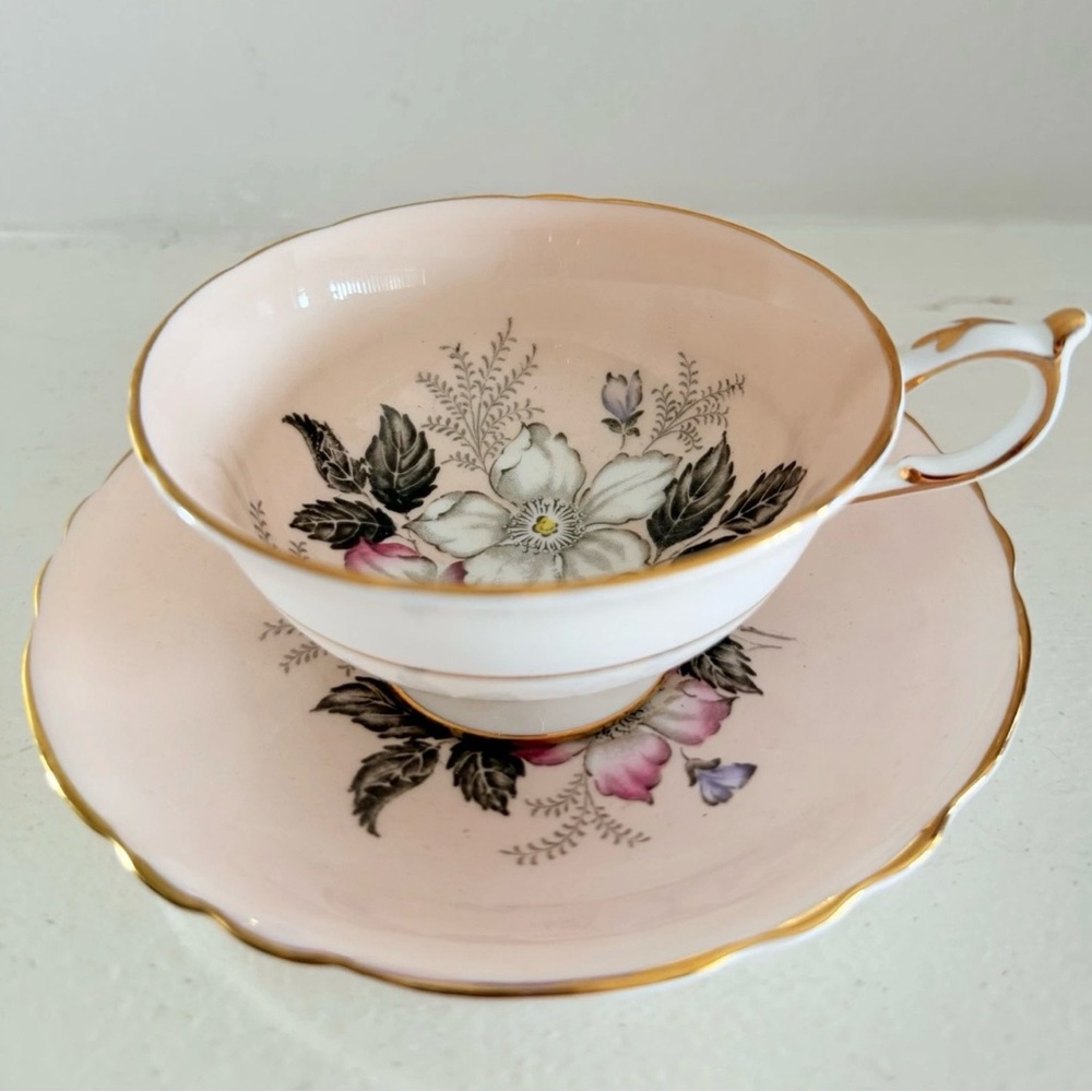 PARAGON Double Warrant Porcelain Pink Floating Wild  Rose  Cup and Saucer Set